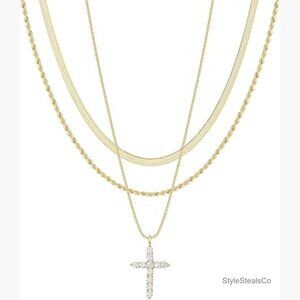 14K Gold Plated Cross Necklace Set, Adjustable Chain, Religious Jewelry Gift